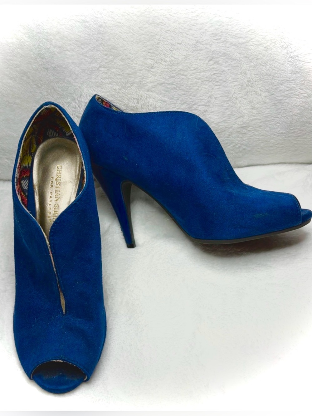 Christian Siriano Blue Suede Shoes Front Slit & Peep Toe High Heel Pumps 7.5